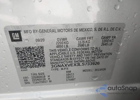 2020 Chevrolet Equinox Awd Lt 2.0L Turbo из США, поврежденный, VIN 3GNAXVEX3LS733926